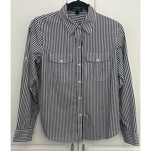 Lauren Ralph Lauren Petite Blue/White Stripe Button Up Shirt Tab Sleeve Size PM